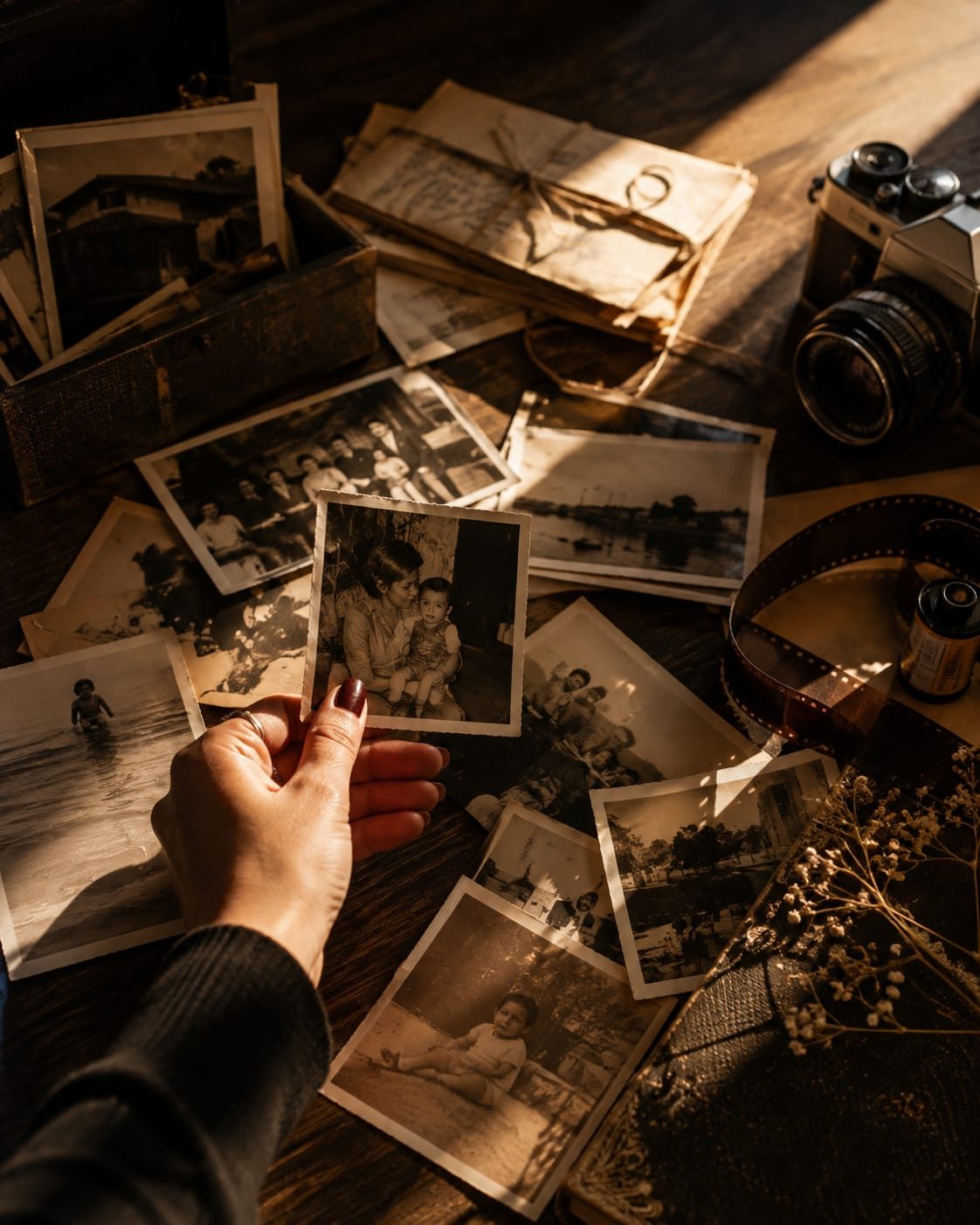 Una mano sostiene una fotografía antigua sobre una mesa llena de recuerdos