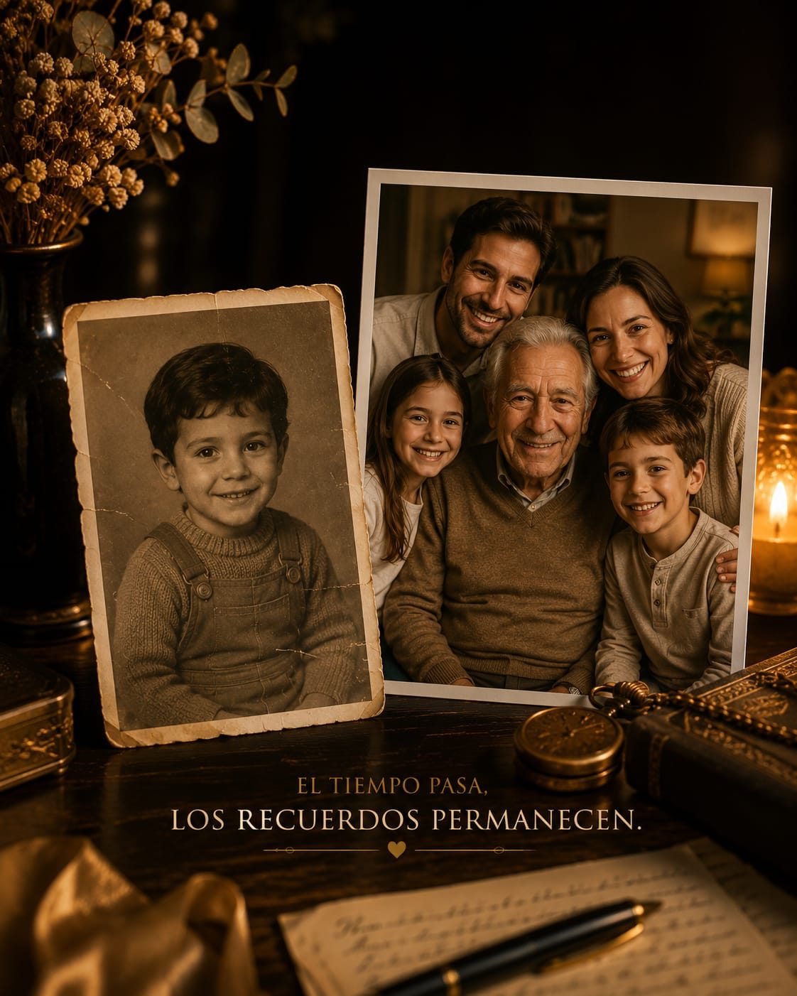 Fotografía antigua de un niño junto a una foto actual de su familia: el tiempo pasa, los recuerdos permanecen